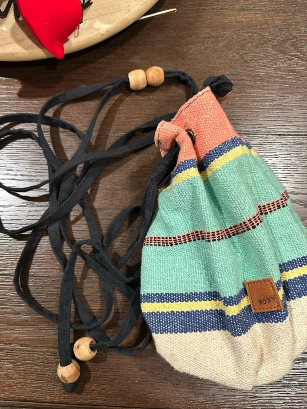 Roxy Striped Drawstring Crossbody in Coral, Mint & Navy - Picture 2 of 2